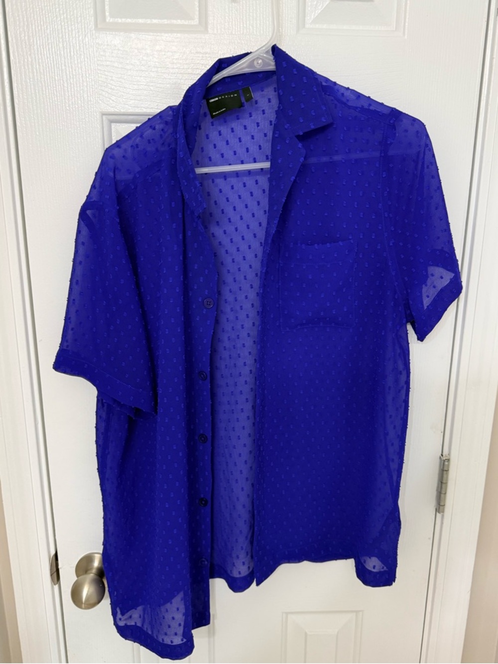 ASOS Royal Blue Sheer Short Sleeve Button-Down Shirt